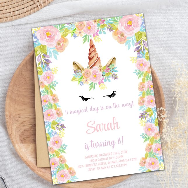 Floral Pink & Purple Unicorn Birthday Invitation (Floral Pink purple Unicorn Birthday Invitation)