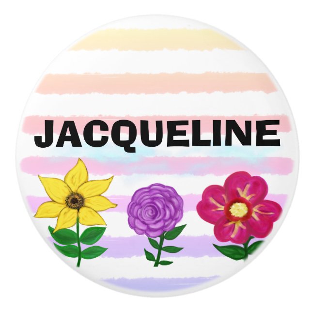 Floral Pink Purple Watercolor Stripes NAME Ceramic Knob (Front)