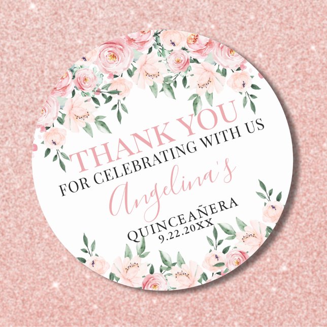 Floral Pink Quinceañera Classic Round Sticker (Floral Pink Quinceañera Birthday Thank You Classic Round Sticker)