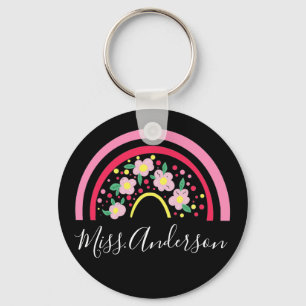 Floral Pink Rainbow Personalized Teacher Gift Key Keychain
