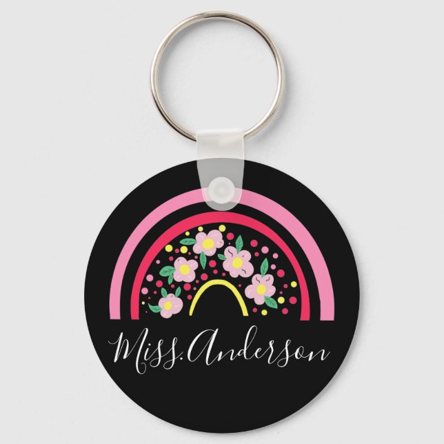 Floral Pink Rainbow Personalized Teacher Gift  Key Keychain (Front)