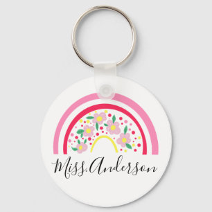 Floral Pink Rainbow Personalized Teacher Gift Keychain