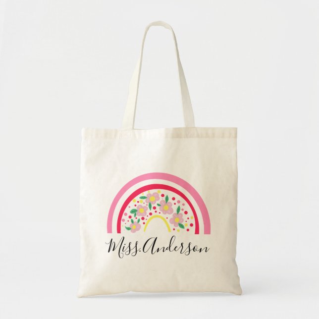 Floral Pink Rainbow Personalized Teacher Gift Tote Bag (Front)