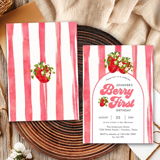 Floral Pink Red Strawberry Berry First Birthday Invitation (Creator Uploaded)