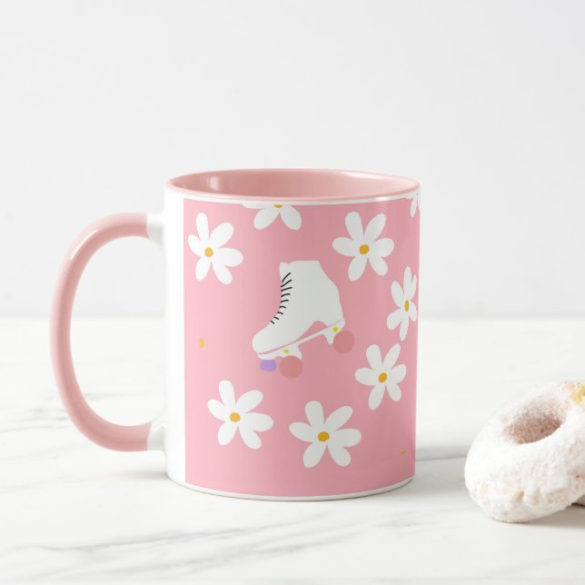 Floral Pink Roller Skates Roller Skating   Mug (With Donut)
