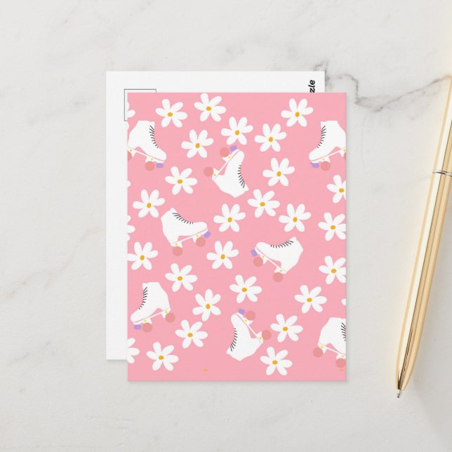 Floral Pink Roller Skates Roller Skating  Postcard (Front/Back In Situ)