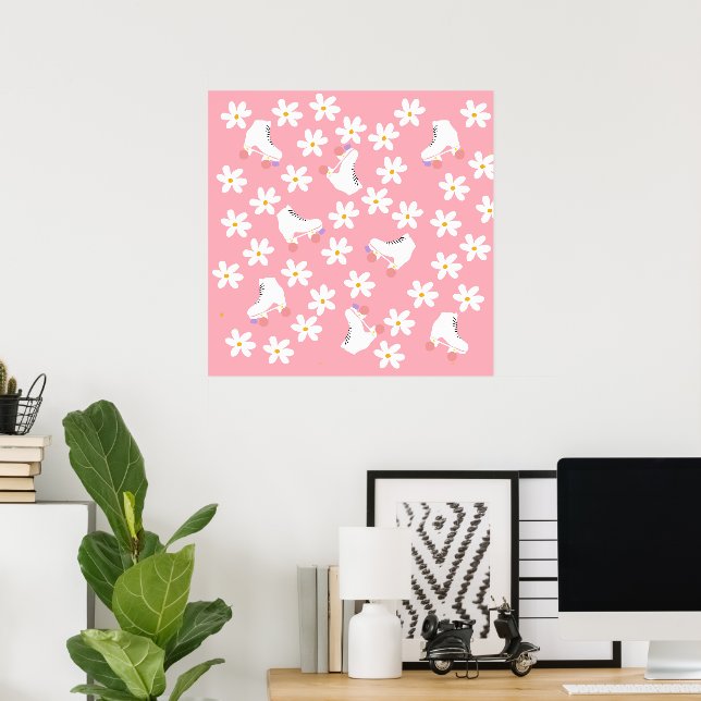 Floral Pink Roller Skates Roller Skating  Poster (Home Office)