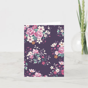 Floral Pink Rose And Daisy Flower Purple Notecard