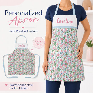 Floral Pink Rose Blue Stripe Name Grandmillennial Apron