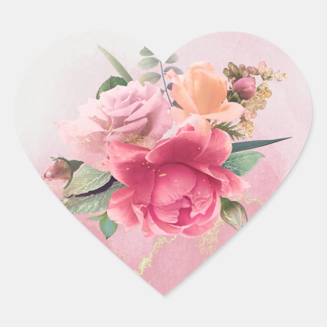 Floral Pink Rose Bouquet Heart Sticker (Front)