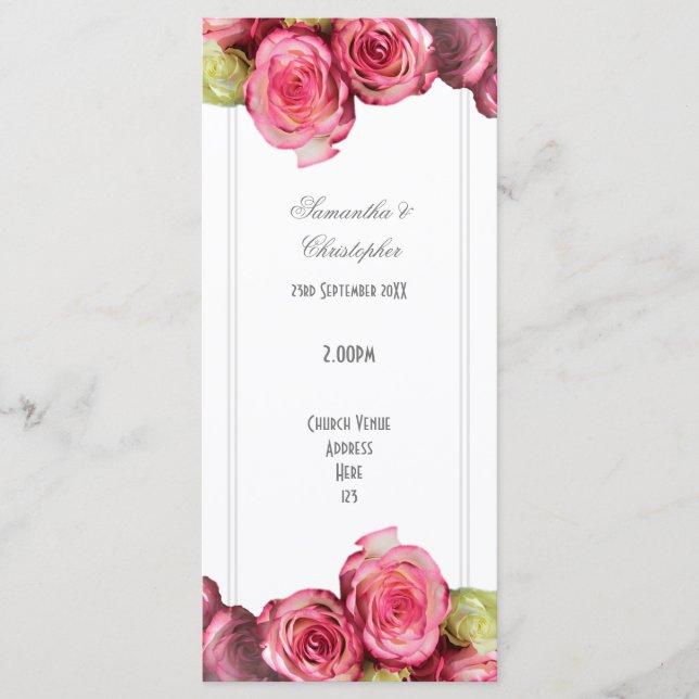 Floral pink rose church wedding program (Front)