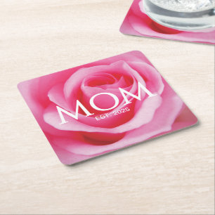 Floral Pink Rose New Mom Gift Mom Established Square Paper Coaster