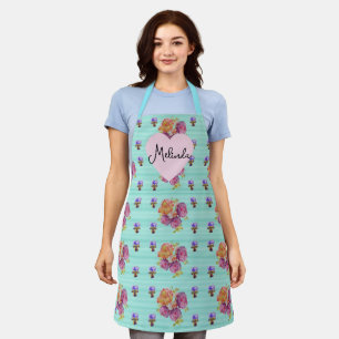 Floral Pink Rose Roses Pattern Aqua Womans Name Apron