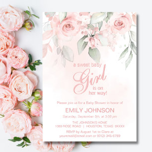 Floral Pink Rose Sweet Baby Girl Baby Shower Invitation