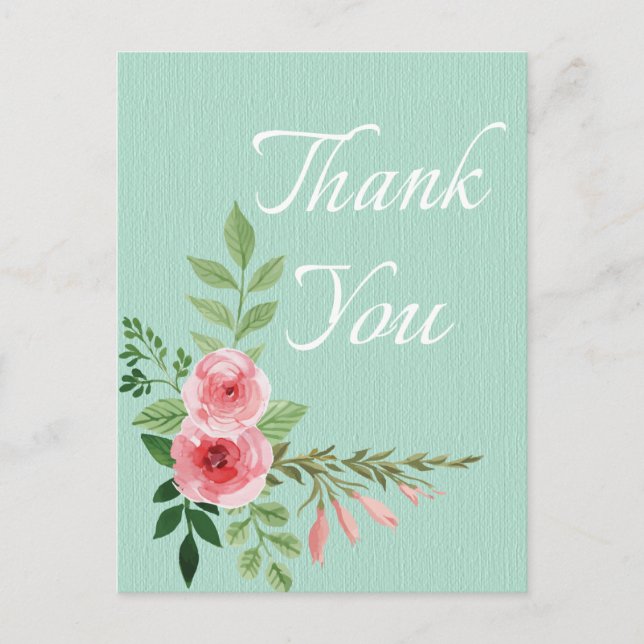 Floral Pink Rose Thank You Flower Mint Wedding Postcard (Front)