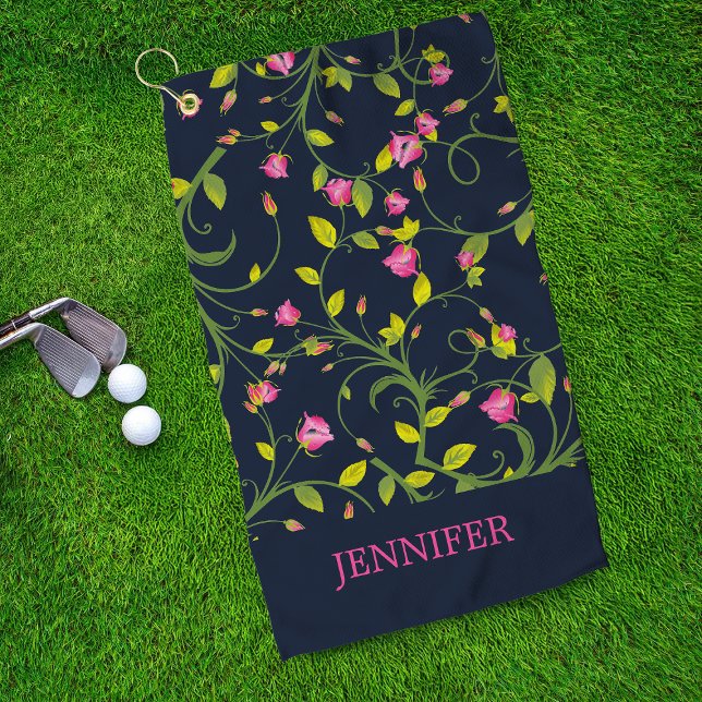 Floral Pink Rose Vine Navy Elegant Personalized Golf Towel (Creator Uploaded)