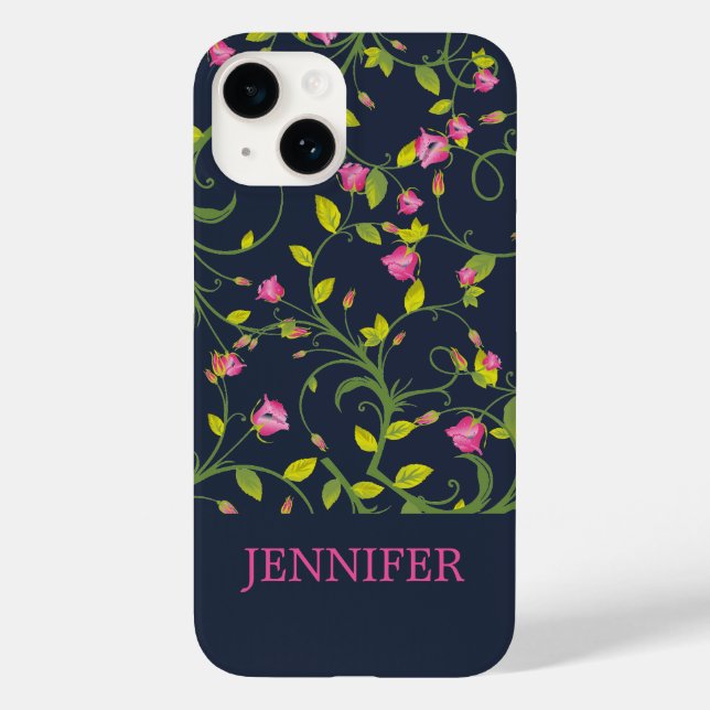 FLORAL PINK ROSE VINE NAVY PERSONALIZED Case-Mate iPhone CASE (Back)