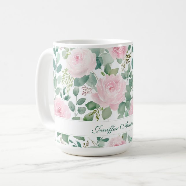 Floral Pink Rose with Custom Name Coffee Mug (Front Left)