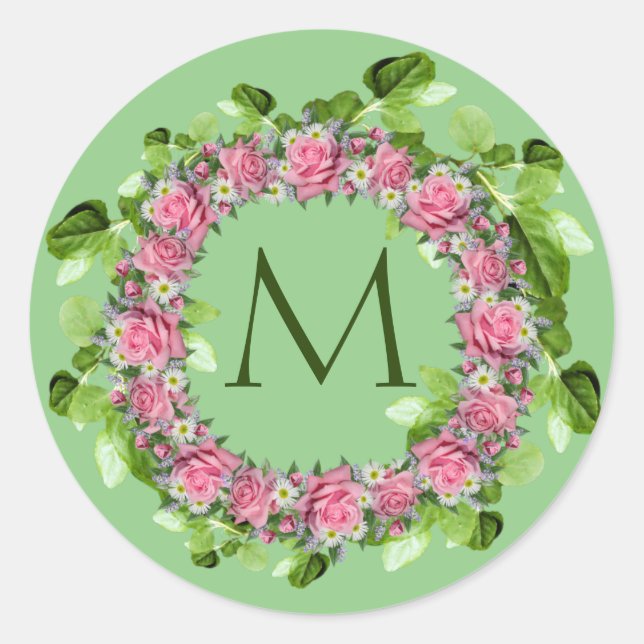 Floral Pink Rose Wreath Stickers Envelope Seals (Front)