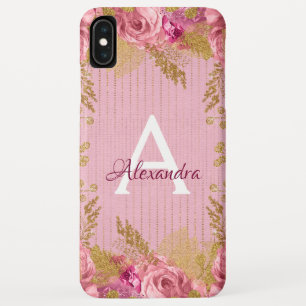 Floral Pink Roses and Gold Foil Monogram iPhone XS Max Case
