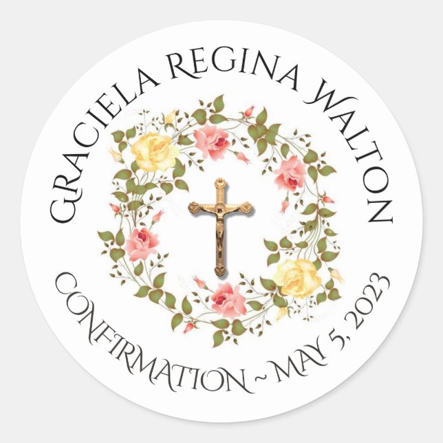 Floral Pink Roses Crucifix  Confirmation Classic Round Sticker (Front)