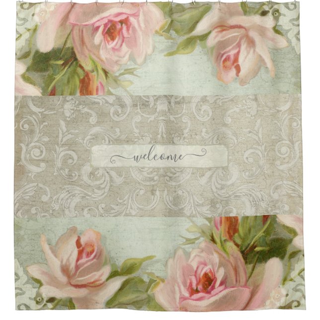 Floral Pink Roses Damask Vintage Modern Welcome (Front)
