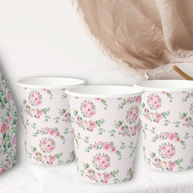Floral Pink Roses Elegant Tea Party Paper Cups (Pink rose floral patterned paper cups from my Vintage Tea Party Baby Shower Collection)