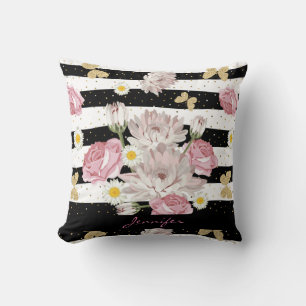 Floral Pink Roses Golden Butterflies White Black Throw Pillow