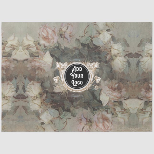Floral Pink Roses Impressionism Gold Logo Business Tissue Paper (Front)
