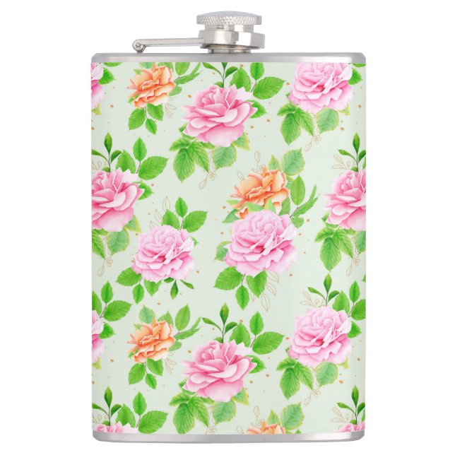 Floral Pink Roses Pattern Hip Flask (Front)