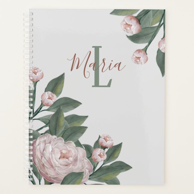 Floral Pink Roses Personalized Monogram Flowers Planner (Front)