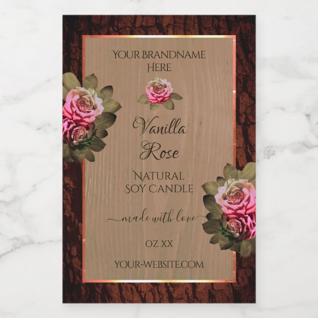 Floral Pink Roses Product Labels Brown Wood Grain (Single Label)