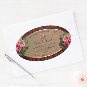 Floral Pink Roses Product Labels Brown Wood Grain