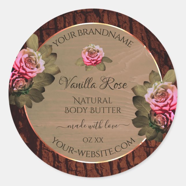 Floral Pink Roses Product Labels Brown Wood Grain (Front)