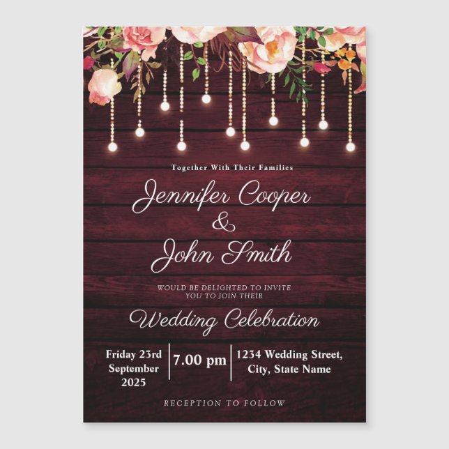  Floral Pink Roses Rustic Wood Wedding Magnetic Invitation (Front)