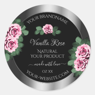 Floral Pink Roses Silver and Black Product Labels