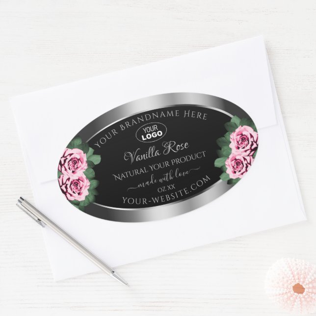 Floral Pink Roses Silver Black Product Labels Logo (Envelope)