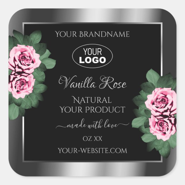 Floral Pink Roses Silver Black Product Labels Logo (Front)