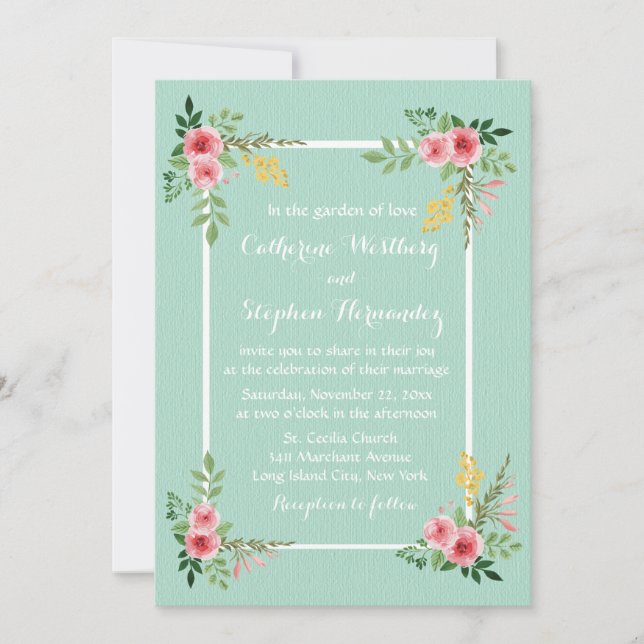 Floral Pink Roses Watercolor Mint Green Wedding Invitation (Front)