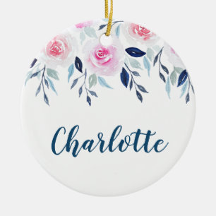 Floral Pink Roses Watercolor Personalized Name Ceramic Ornament