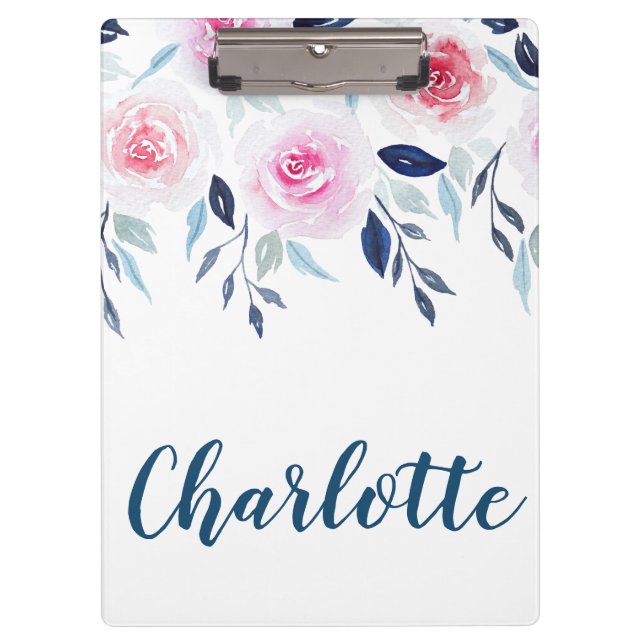 Floral Pink Roses Watercolor Personalized Name Clipboard (Front)