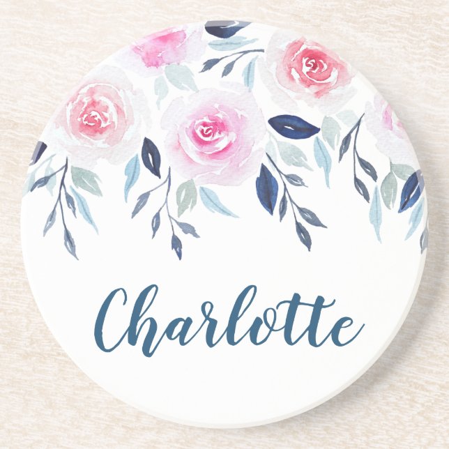 Floral Pink Roses Watercolor Personalized Name Coaster (Front)