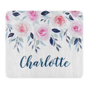 Floral Pink Roses Watercolor Personalized Name Cutting Board