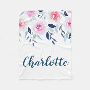 Floral Pink Roses Watercolor Personalized Name Fleece Blanket