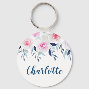 Floral Pink Roses Watercolor Personalized Name Keychain