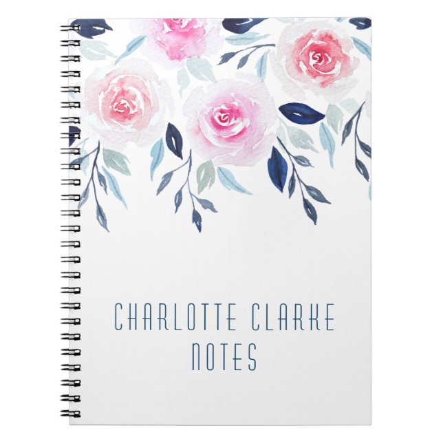 Floral Pink Roses Watercolor Personalized Name Notebook (Front)