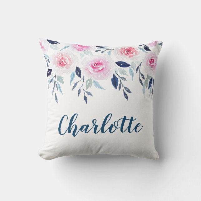 Floral Pink Roses Watercolor Personalized Name Throw Pillow (Front)
