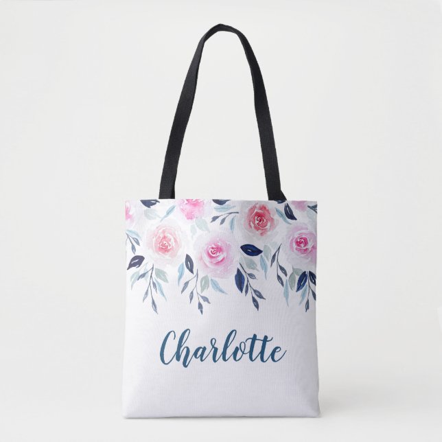 Floral Pink Roses Watercolor Personalized Name Tote Bag (Front)