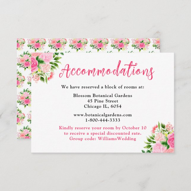 Floral Pink Roses Wedding Accommodations  Enclosure Card (Front/Back)