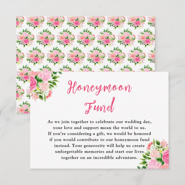 Floral Pink Roses Wedding Honeymoon Fund Enclosure Card (Front/Back)
